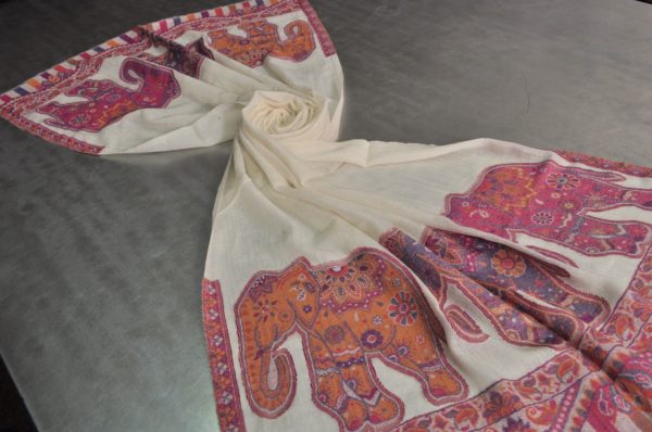 White Multicolour Animal jacquard design stole