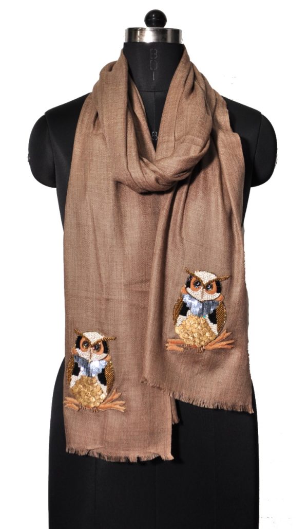 Owl Embroidery Wool Silk Stole