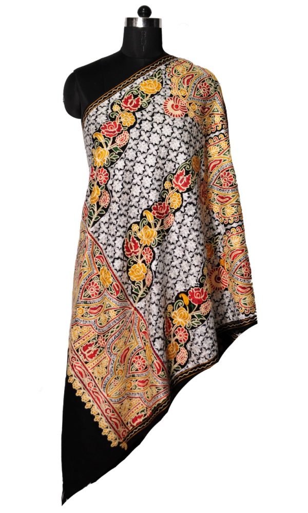 Multicolour floral embroidery wool stole