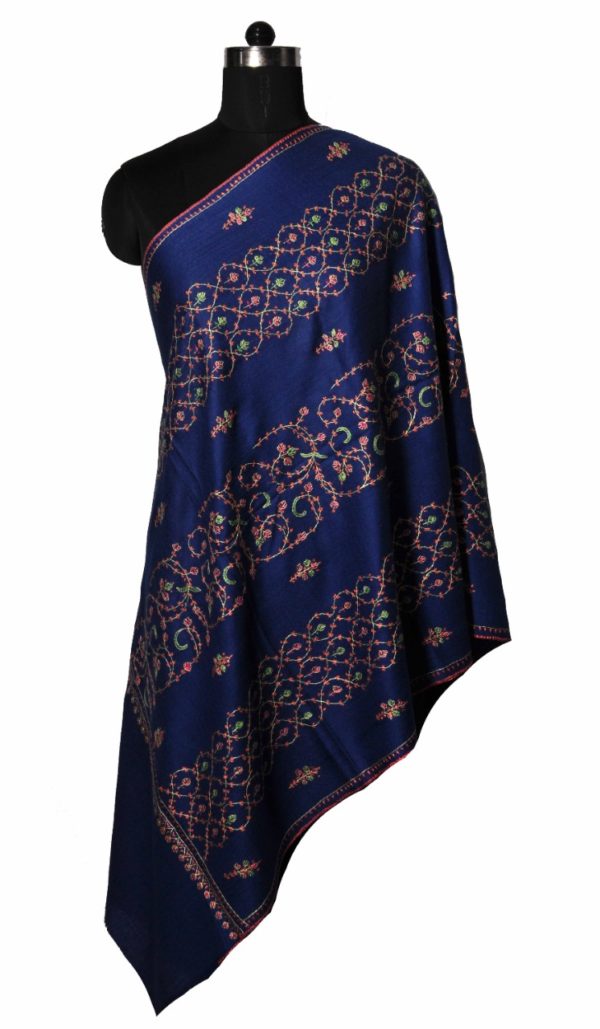 Fine wool Navy blue embroidery stole